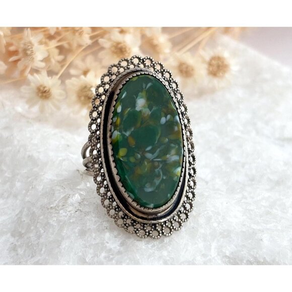 Jewelry - Beau Sterling Green Jasper Lace Framed 925 Sterling Silver Vintage Ring - sz 7